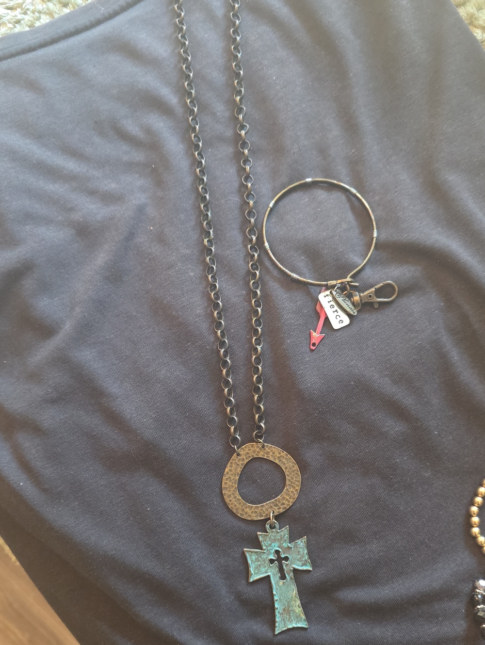 Patina Cross Pendant Necklace with Hammered Ring Bracelet